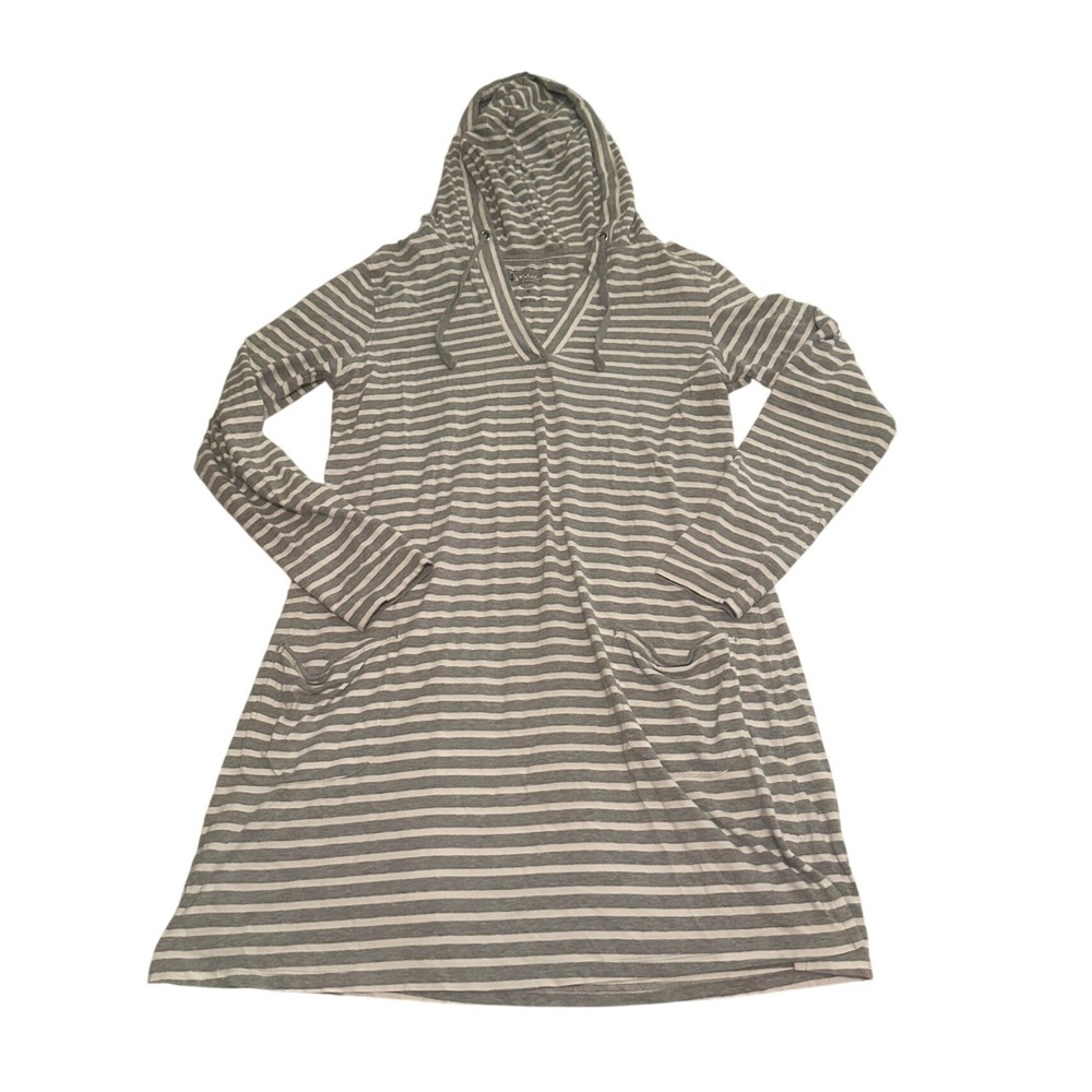 Coolibar Small Catalina Beach Cover Up Dress Grey White Striped UPF 50+ Hooded